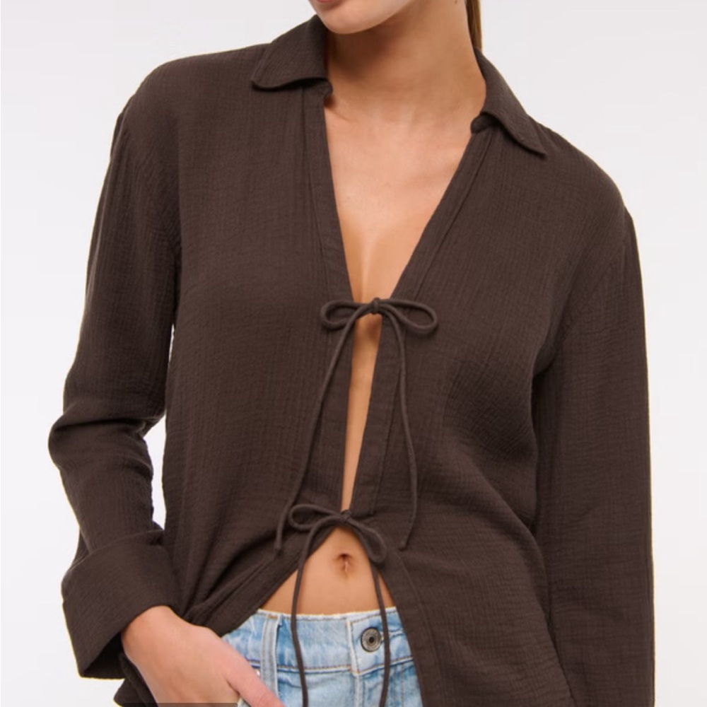 Abercrombie & Fitch Brown Tie-Front Long Sleeve Blouse